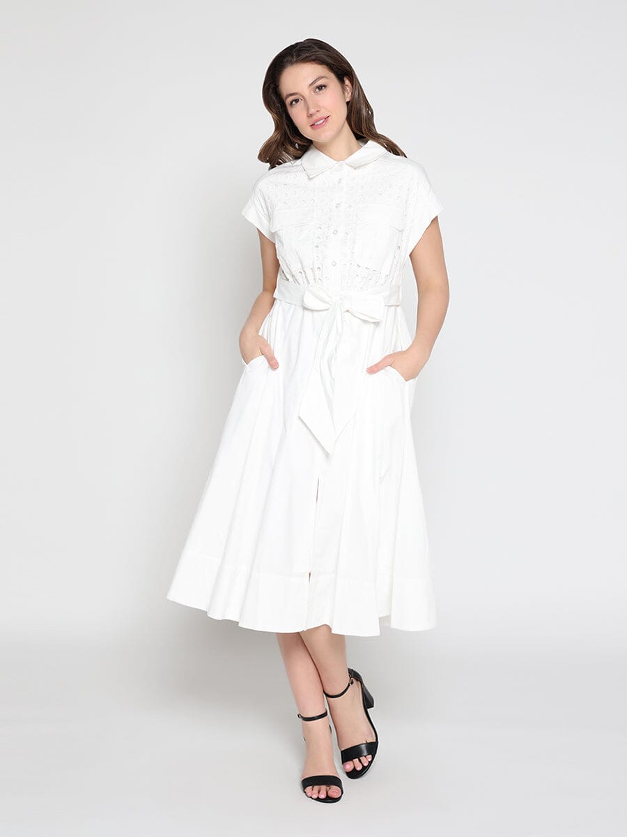 Eyelet And Solid Fabric Belt Dress