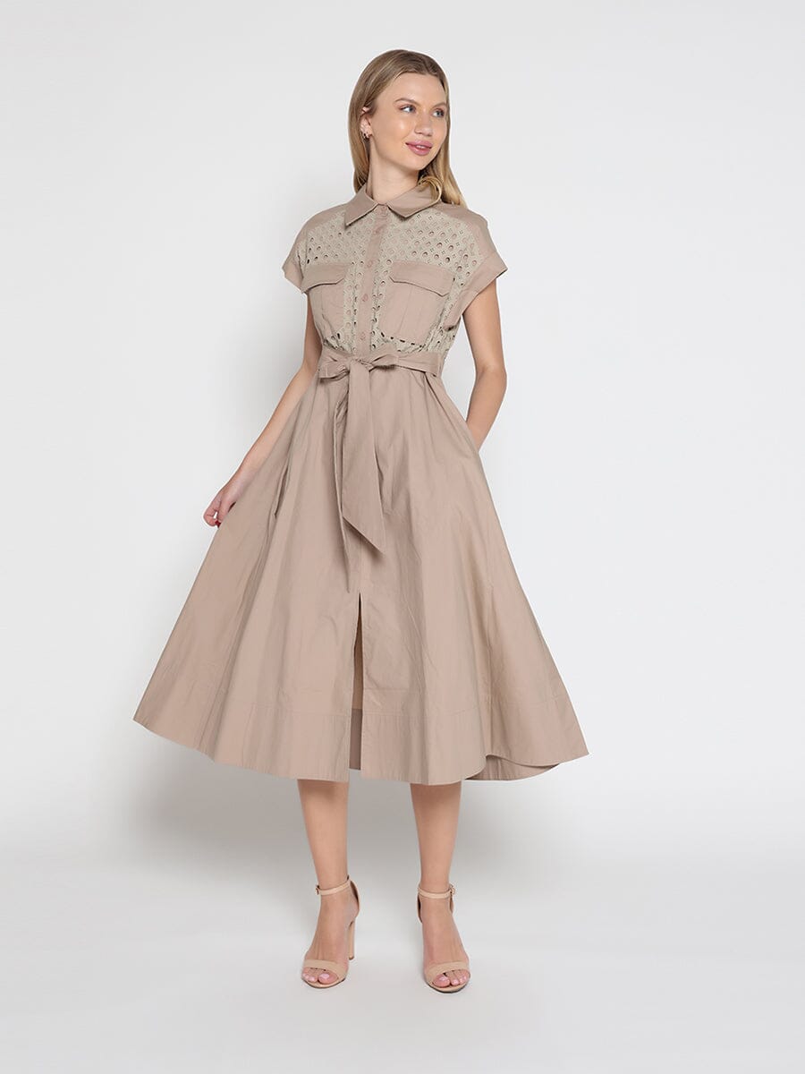 Eyelet And Solid Fabric Belt Dress