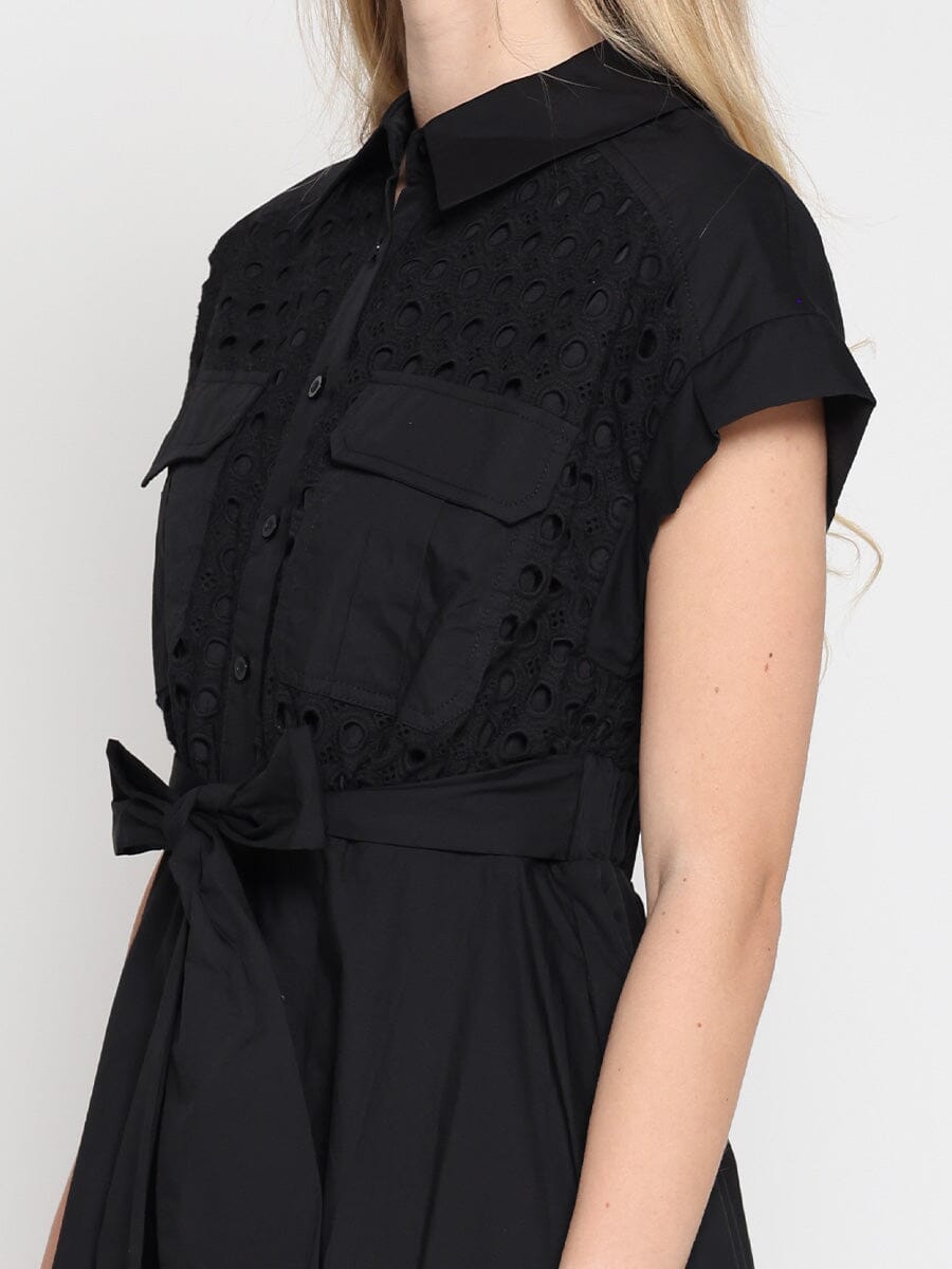 Eyelet And Solid Fabric Belt Dress