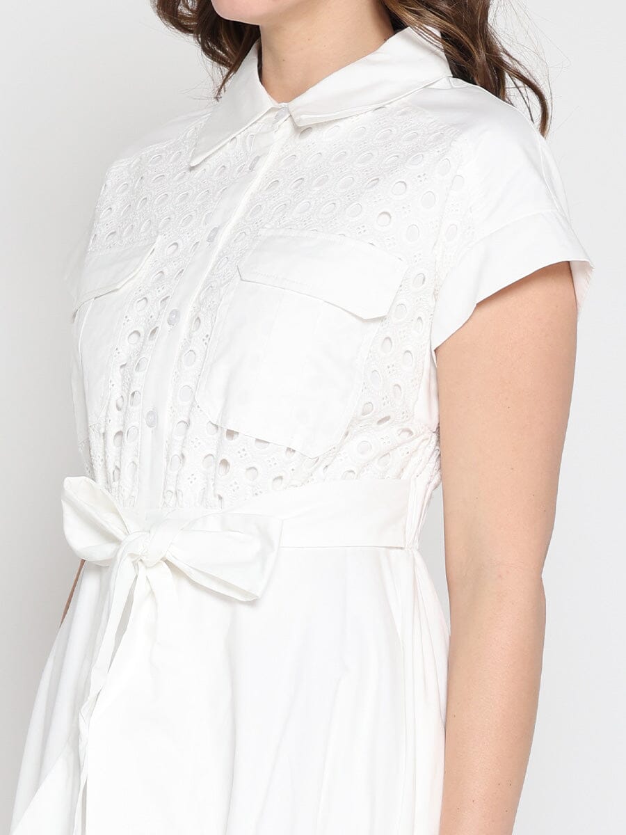 Eyelet And Solid Fabric Belt Dress