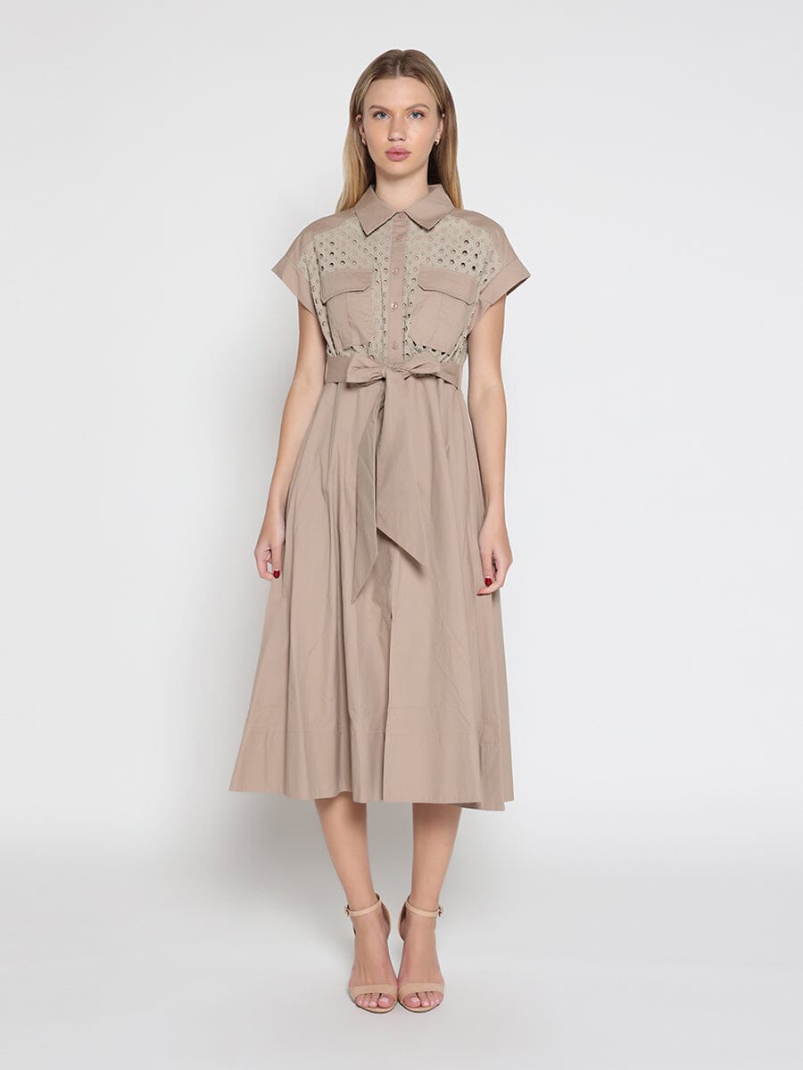 Eyelet And Solid Fabric Belt Dress