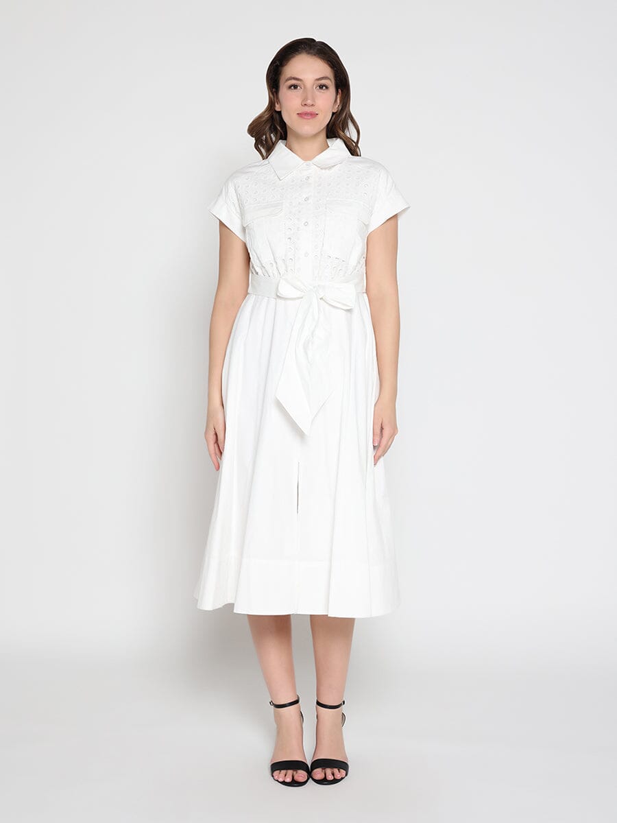 Eyelet And Solid Fabric Belt Dress