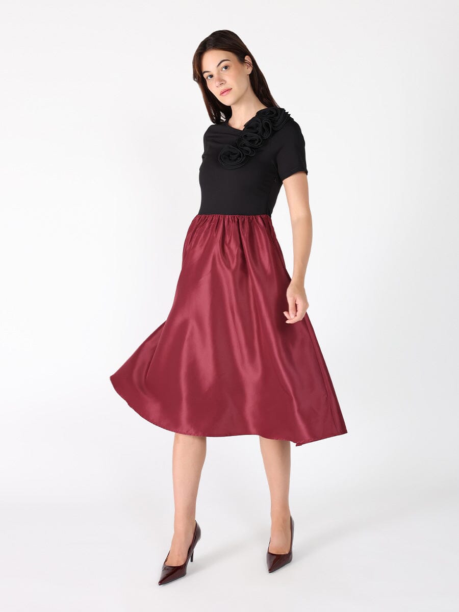 Floral Applique Satin & Cotton Fabric Dress