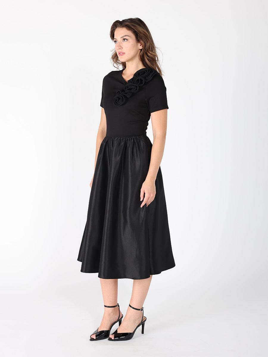 Floral Applique Satin & Cotton Fabric Dress