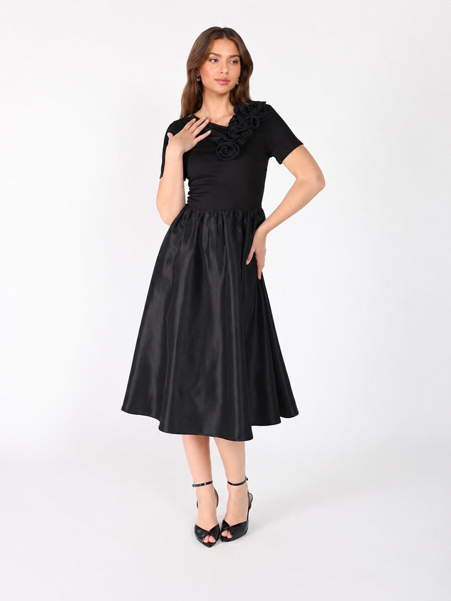 Floral Applique Satin & Cotton Fabric Dress