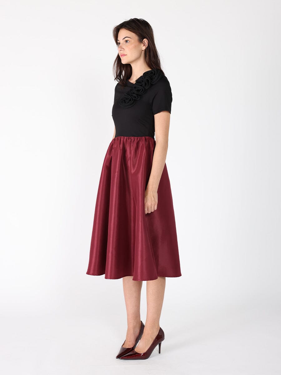 Floral Applique Satin & Cotton Fabric Dress