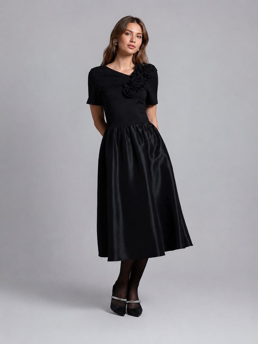 Floral Applique Satin & Cotton Fabric Dress