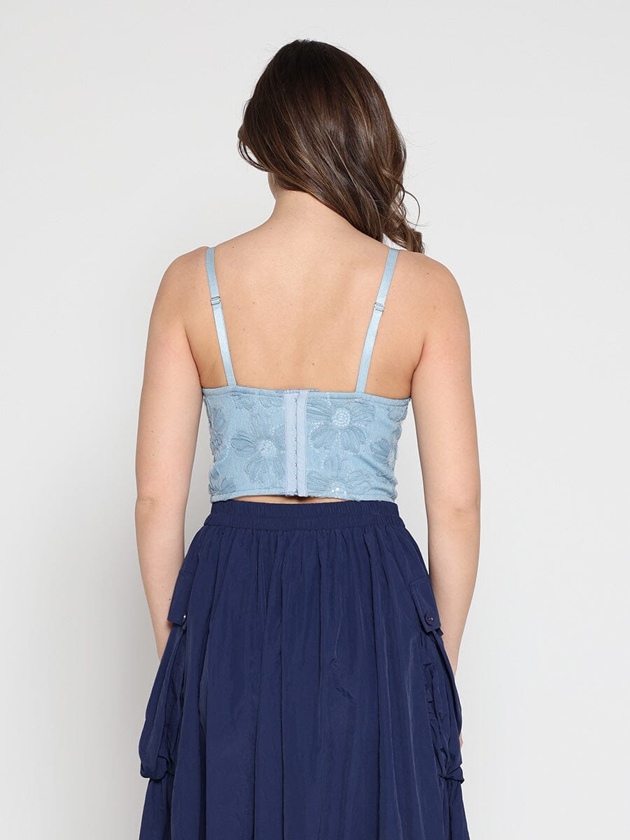 Gracia Fashion Women's Floral Embroidered Denim Bustier Top