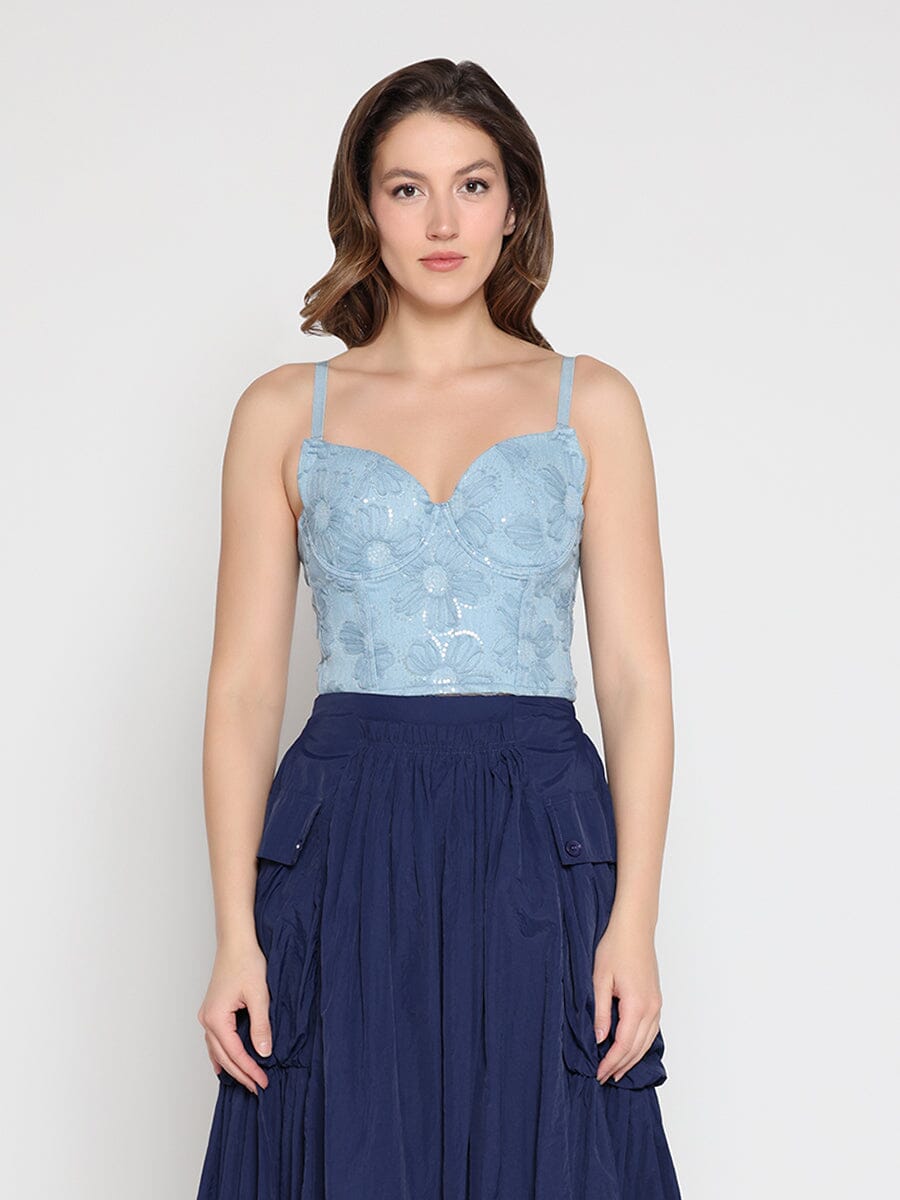 Gracia Fashion Women's Floral Embroidered Denim Bustier Top