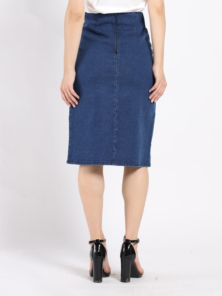 Floral Embroidered Front Slit Denim Skirt