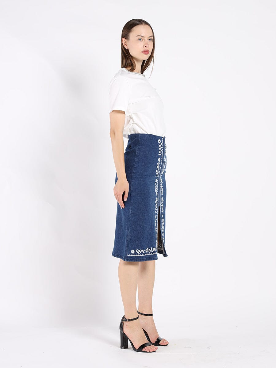 Floral Embroidered Front Slit Denim Skirt