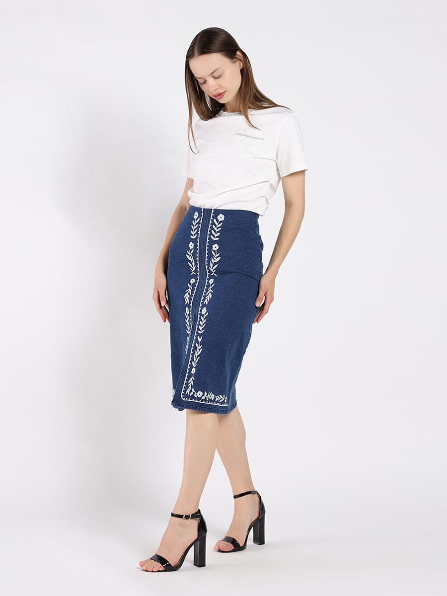 Floral Embroidered Front Slit Denim Skirt
