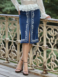 Gracia Fashion Women's Floral Embroidered Front Slit Denim Skirt