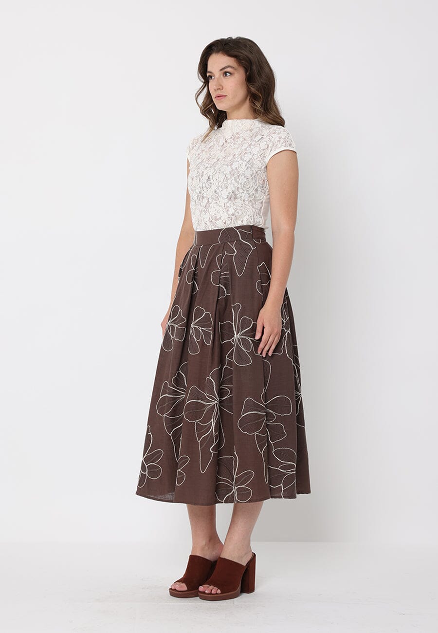 Floral Embroidery Pleated A-Line Skirt
