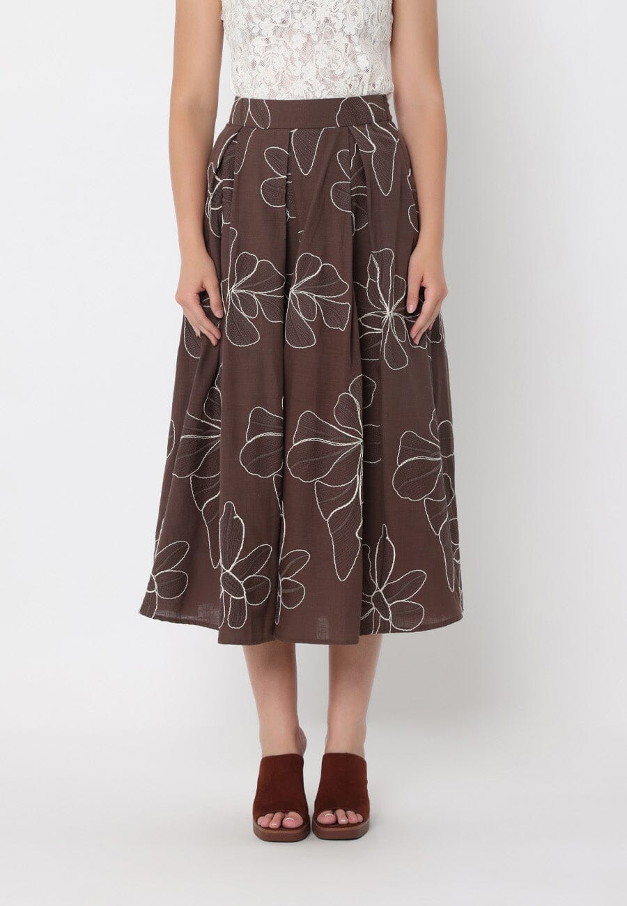 Floral Embroidery Pleated A-Line Skirt