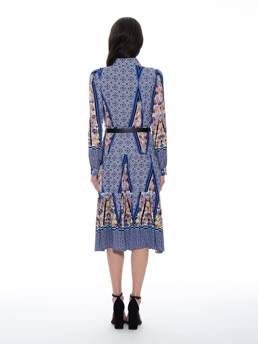 Floral Print Long Sleeve A-Line Buckle Belt Dress