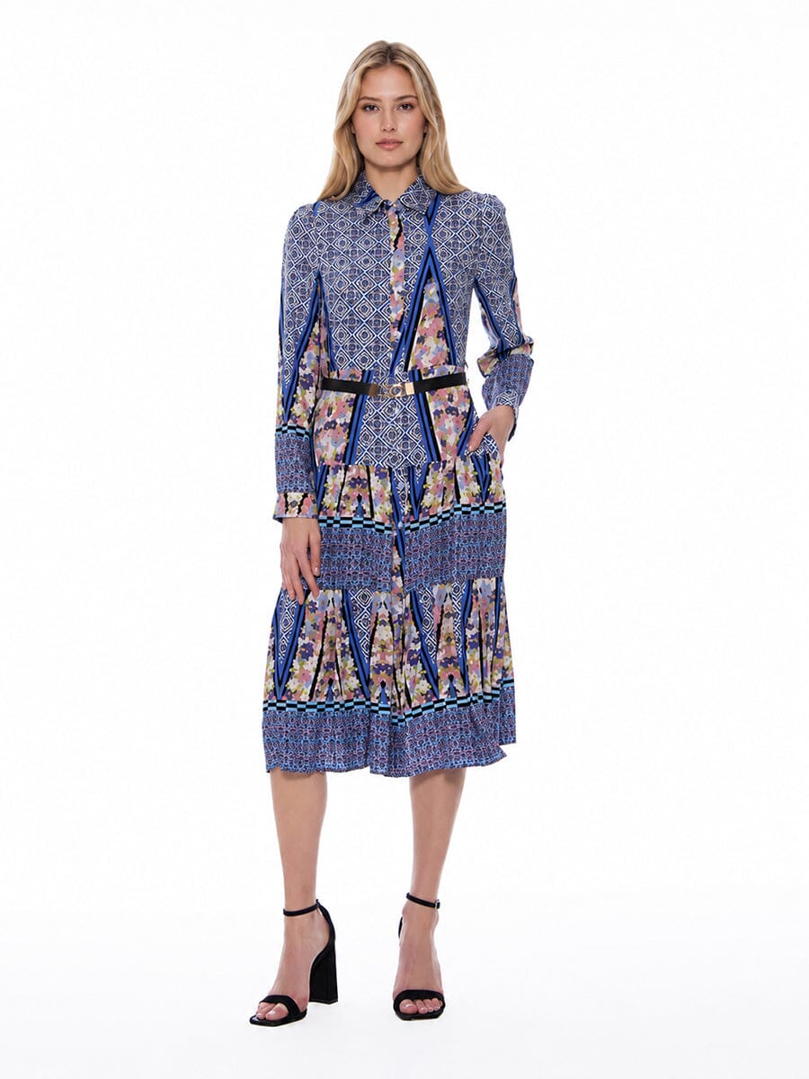Floral Print Long Sleeve A-Line Buckle Belt Dress