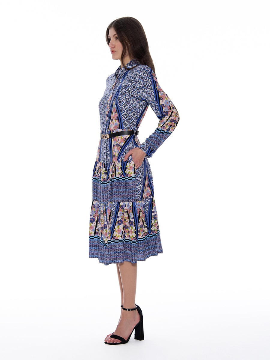 Floral Print Long Sleeve A-Line Buckle Belt Dress