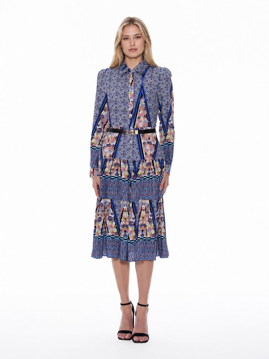 Floral Print Long Sleeve A-Line Buckle Belt Dress