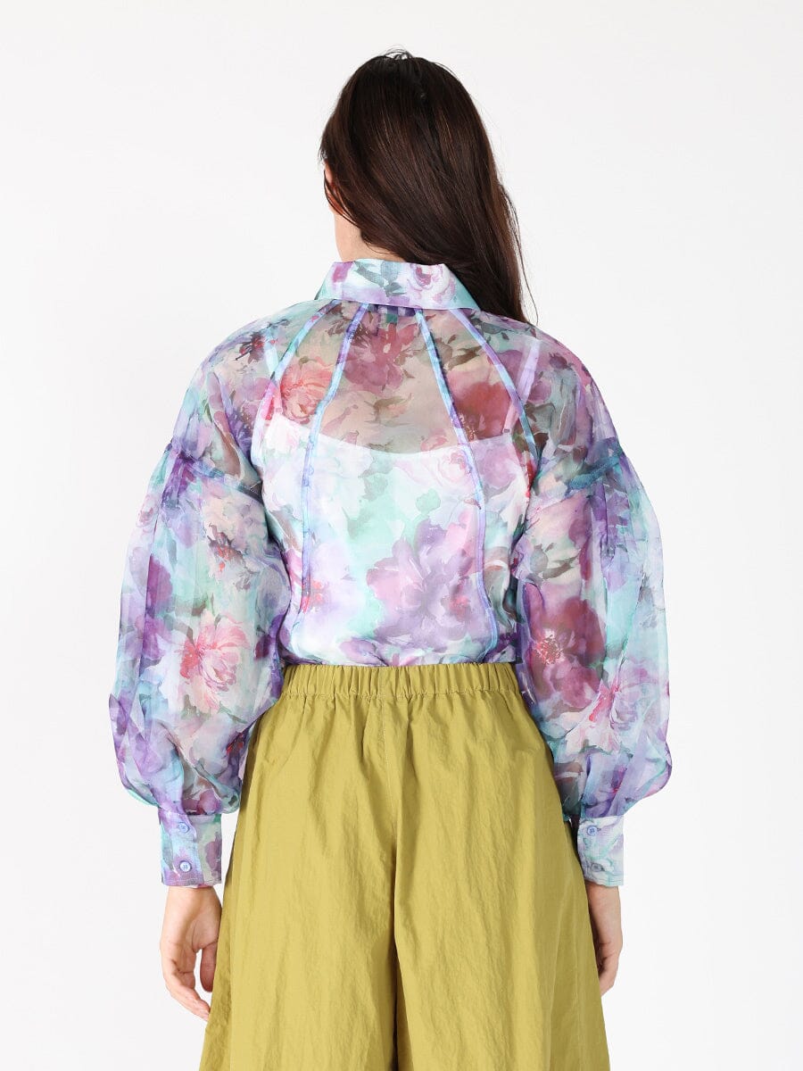 Floral print mesh puffed sleeve shirt top