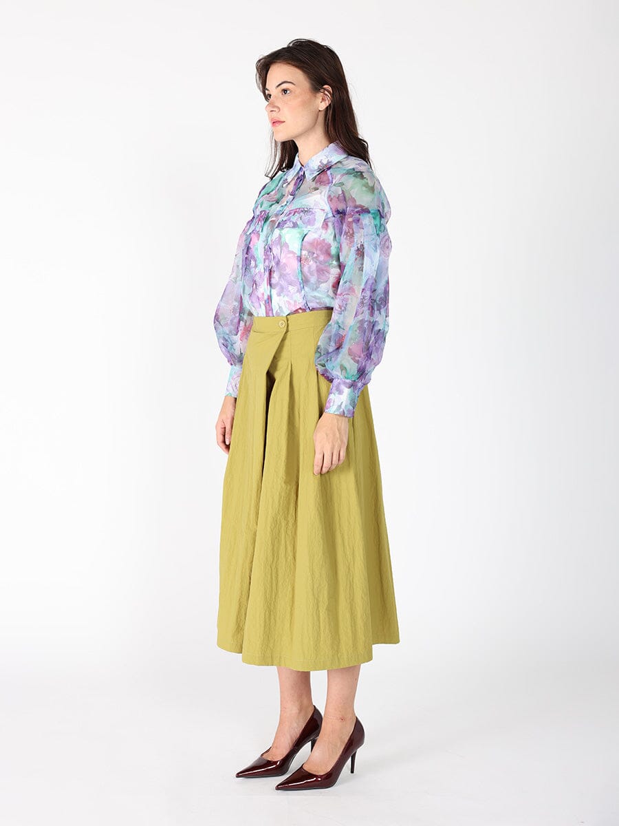 Floral print mesh puffed sleeve shirt top