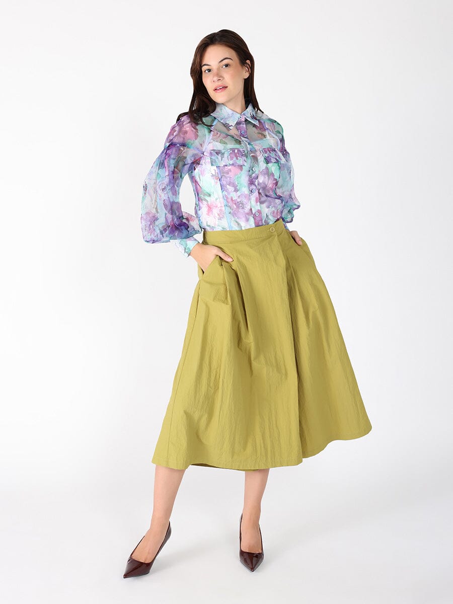 Floral print mesh puffed sleeve shirt top
