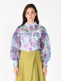 Floral print mesh puffed sleeve shirt top
