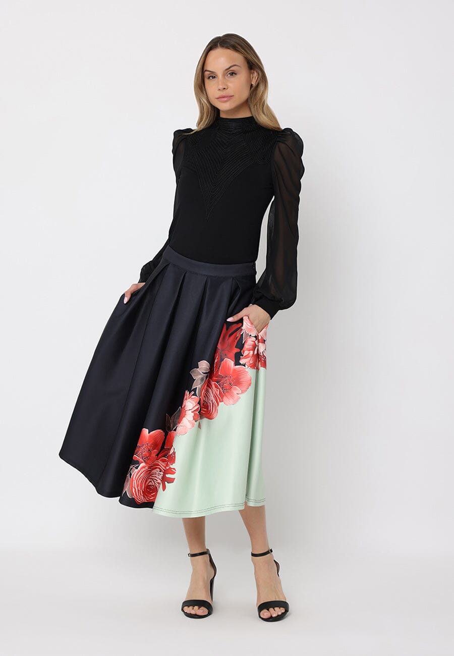 Floral Print Pleated A-line Skirt