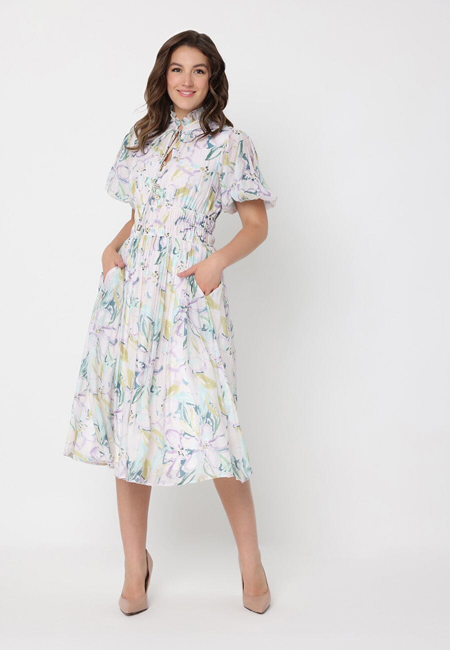 Floral Print Puff Sleeve Elastic Waist A-Line Dress