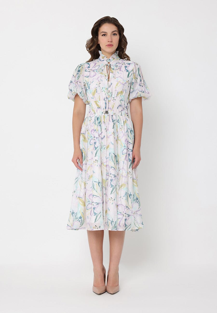 Floral Print Puff Sleeve Elastic Waist A-Line Dress
