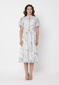 Floral Print Puff Sleeve Elastic Waist A-Line Dress