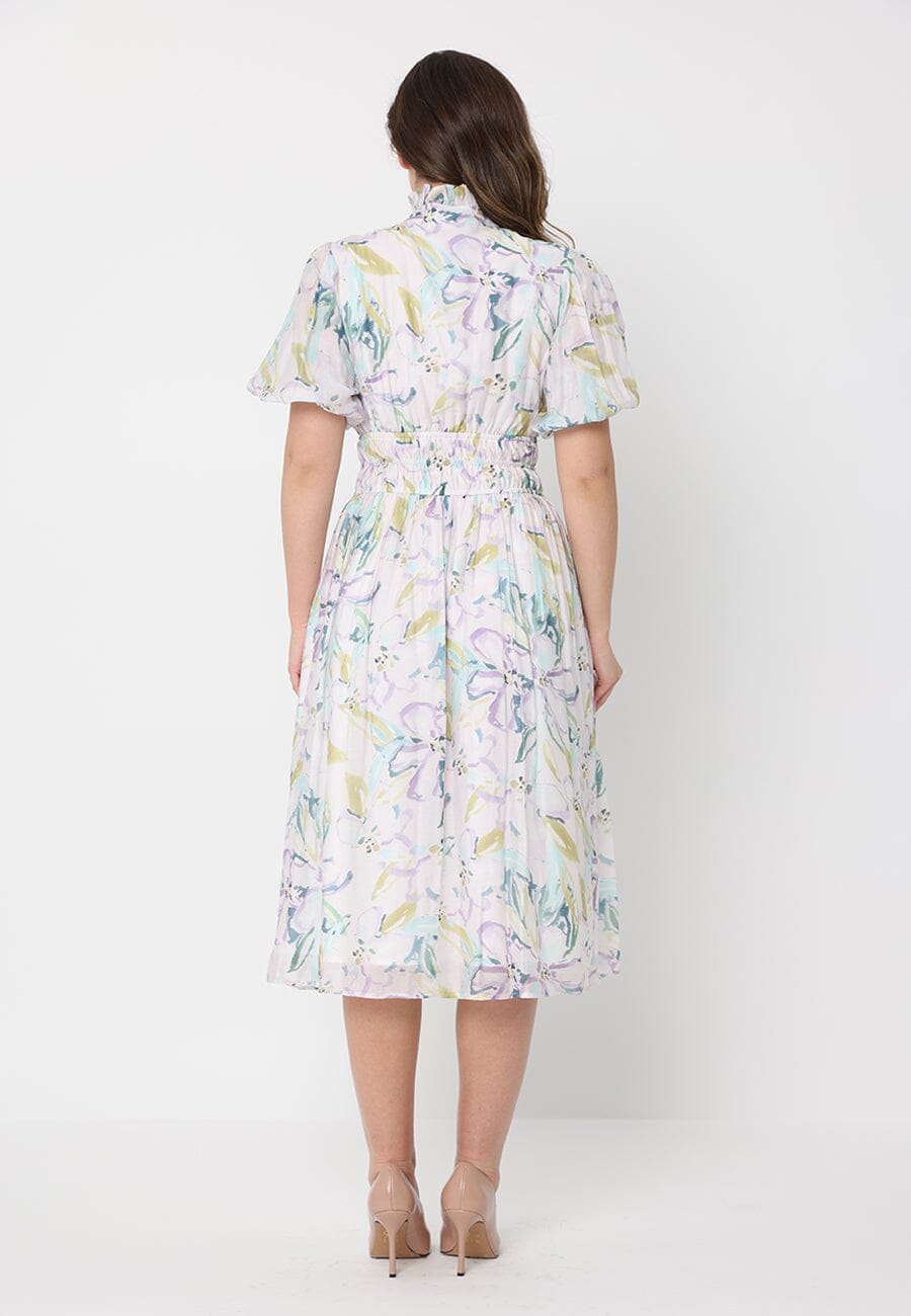 Floral Print Puff Sleeve Elastic Waist A-Line Dress