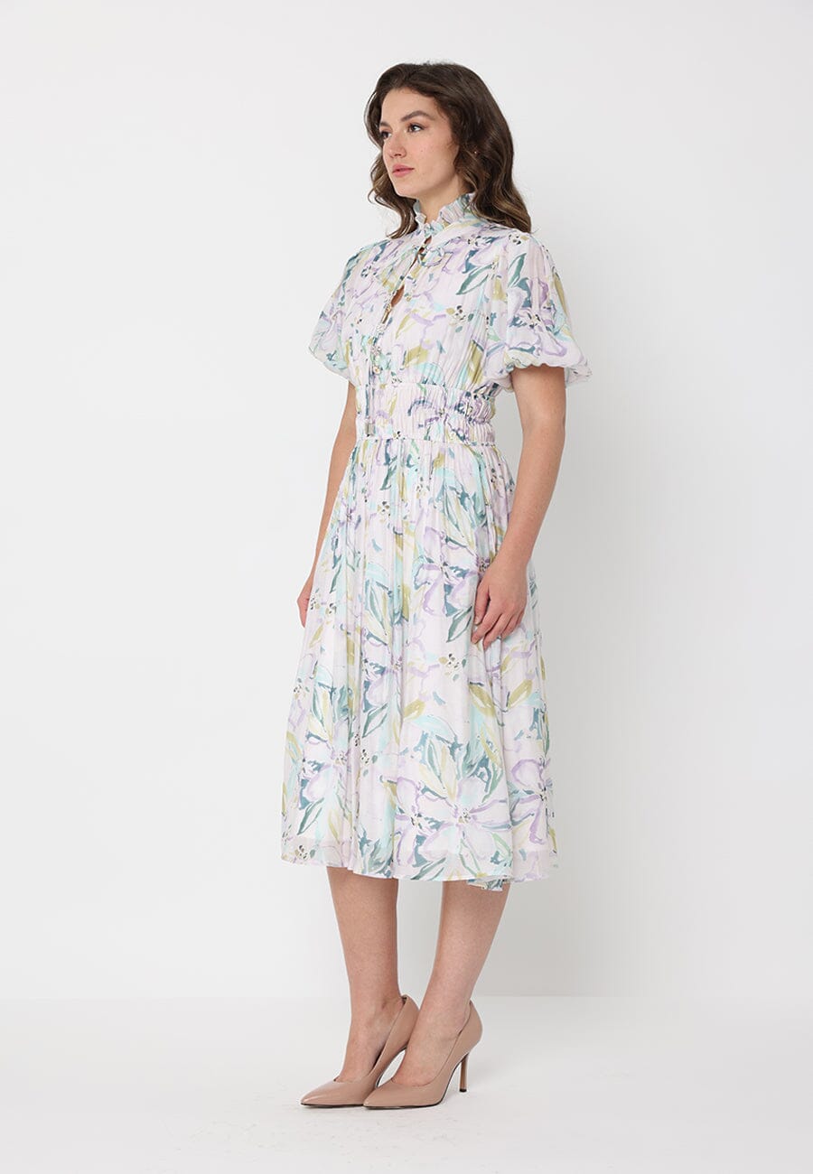 Floral Print Puff Sleeve Elastic Waist A-Line Dress