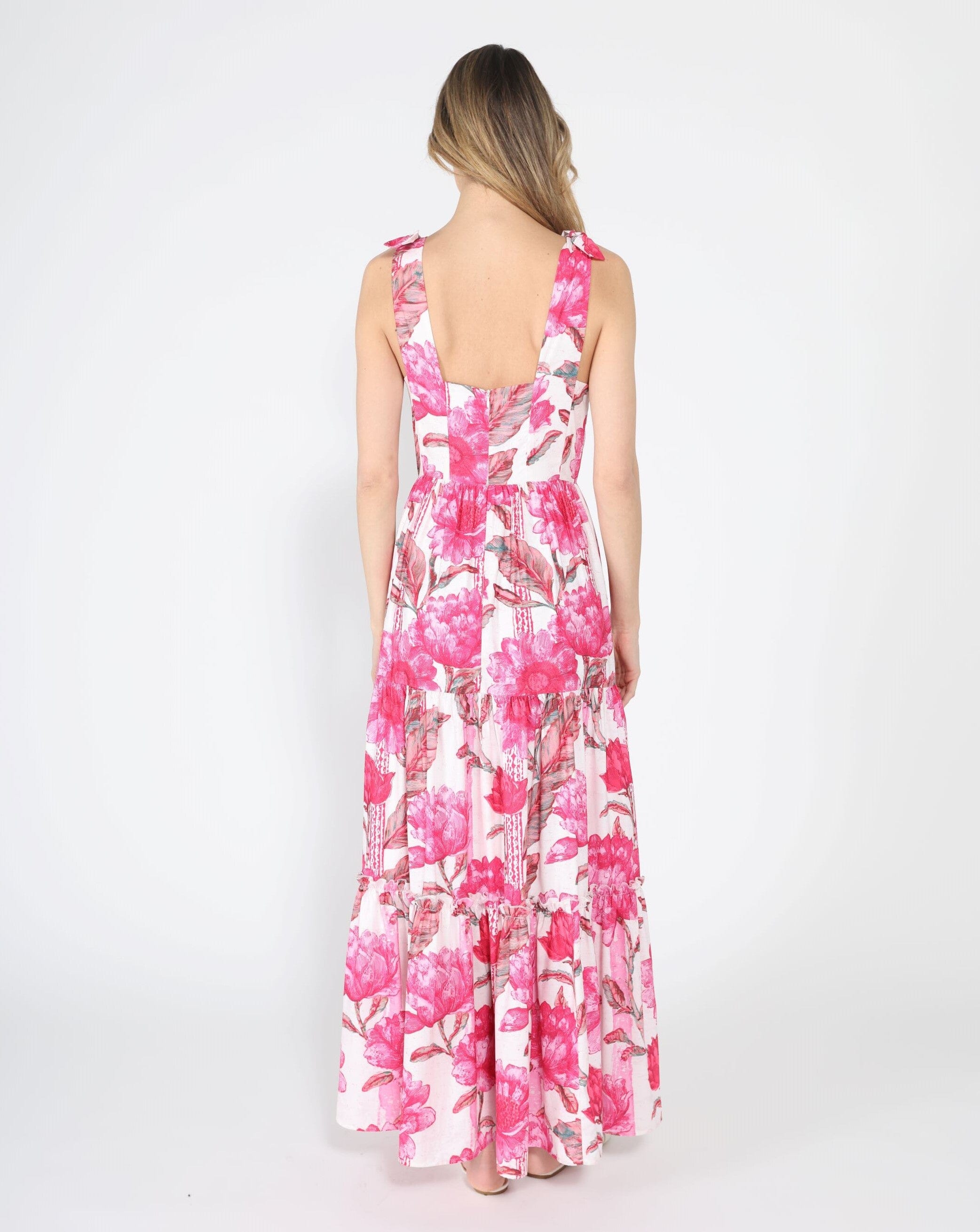 Floral Print Sleeveless Tiered Long Dress
