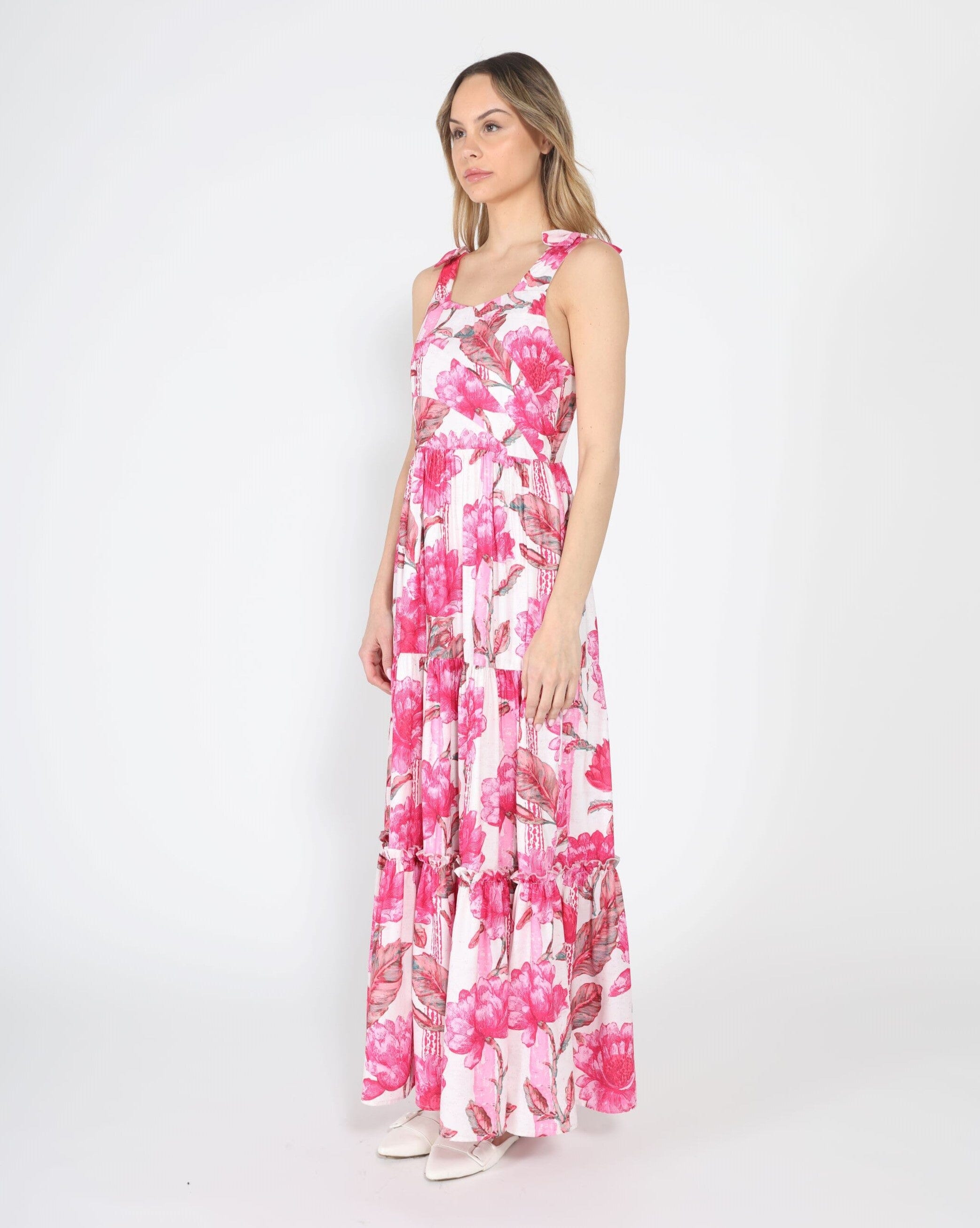 Floral Print Sleeveless Tiered Long Dress