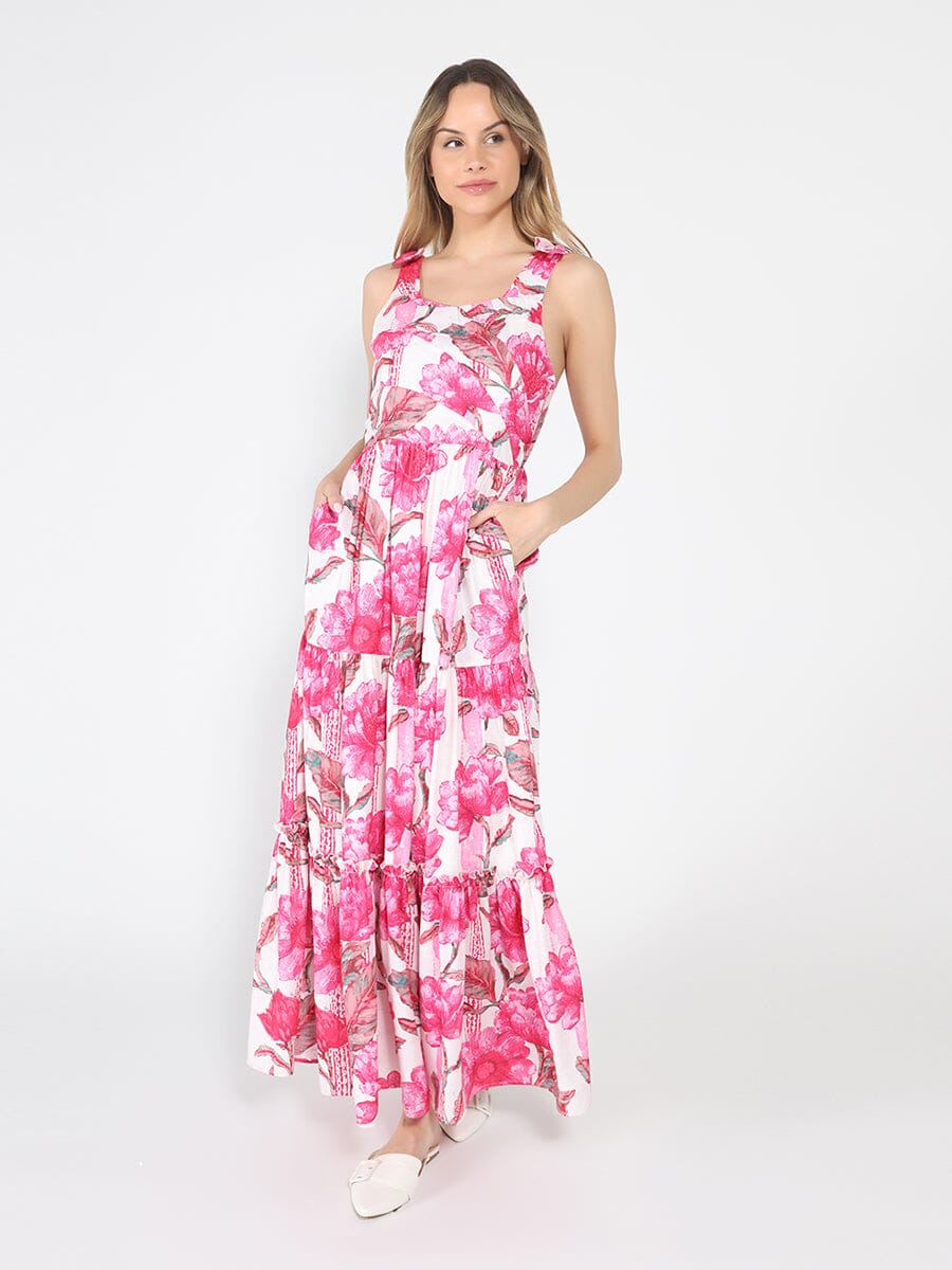 Floral Print Sleeveless Tiered Long Dress