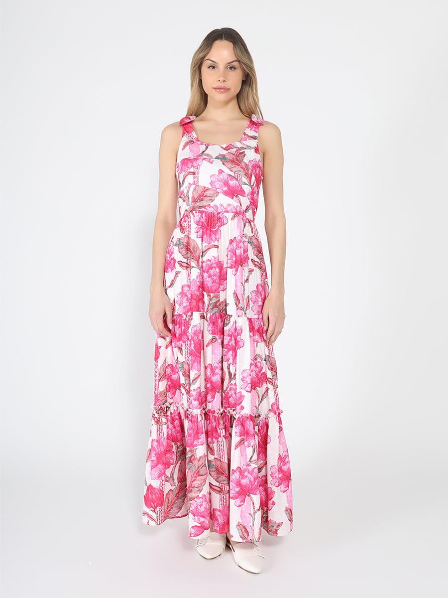Floral Print Sleeveless Tiered Long Dress