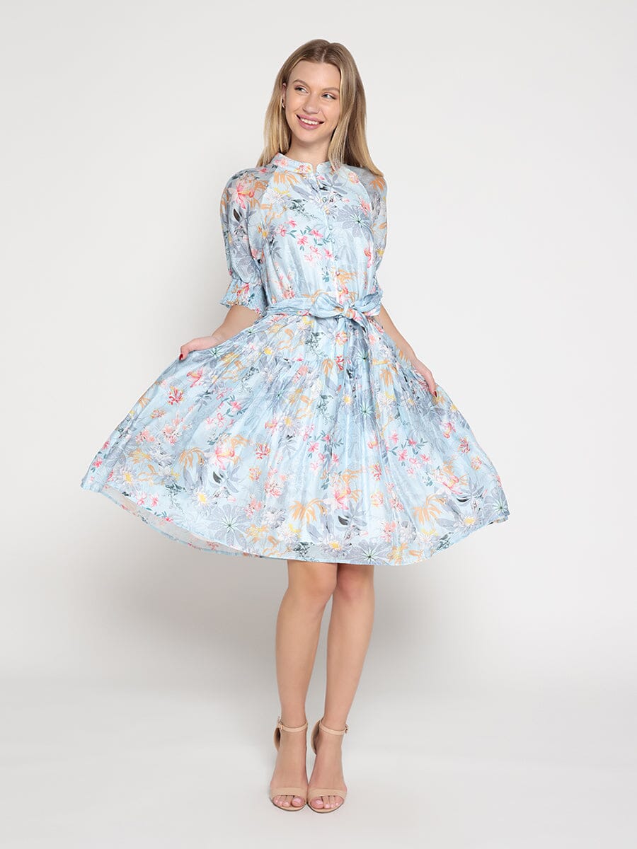 Floral Printed Short Sleeve Belt Dress