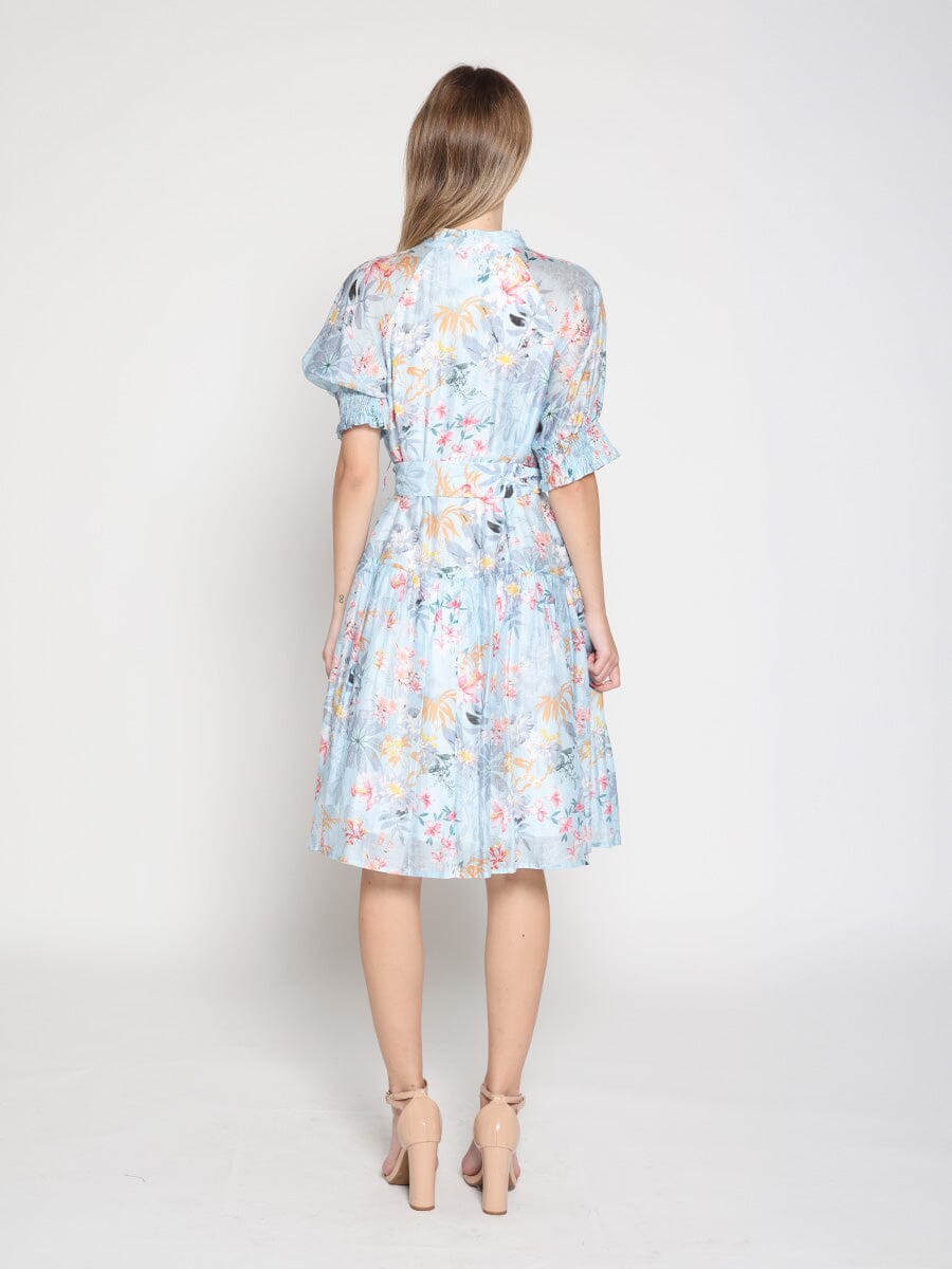 Floral Printed Short Sleeve Belt Dress