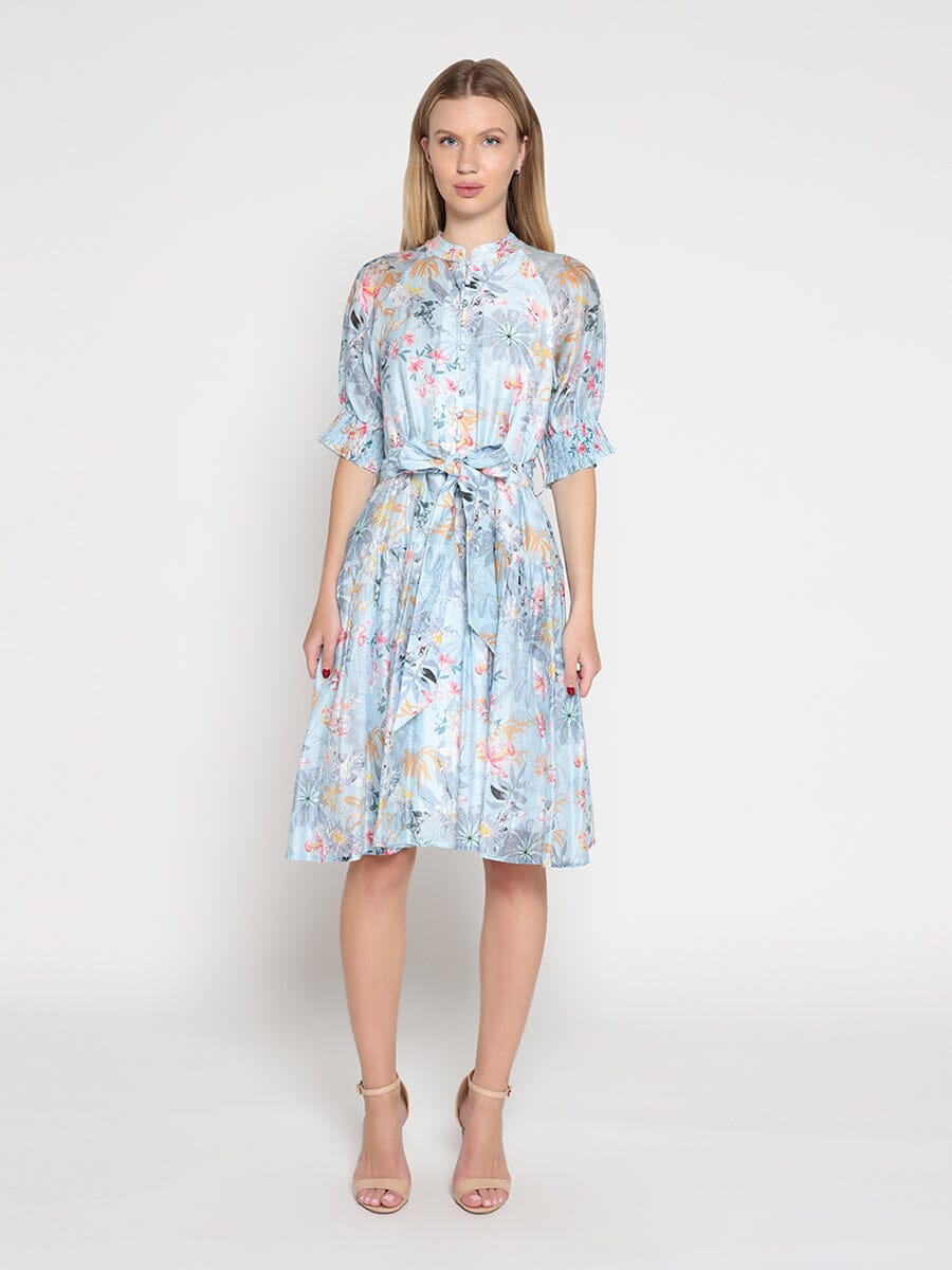 Floral Printed Short Sleeve Belt Dress