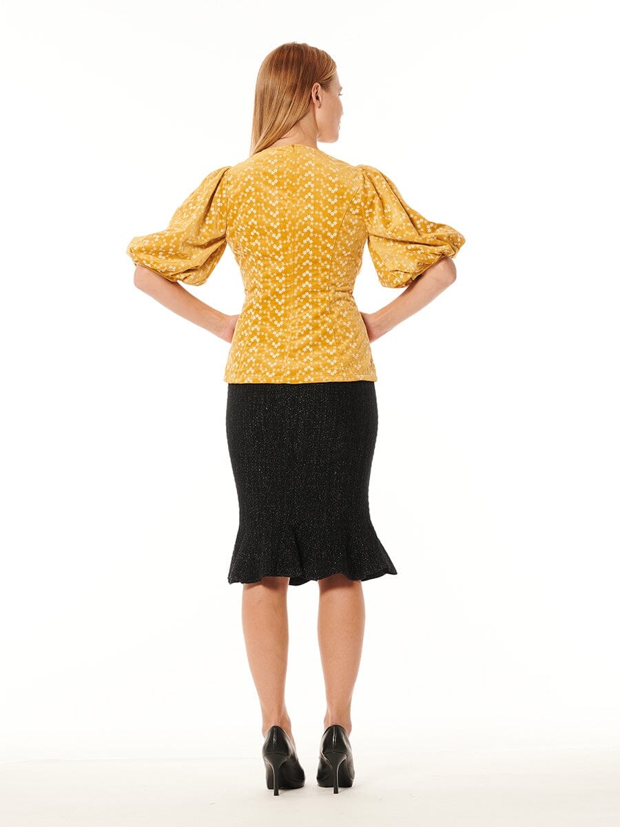 Flower Embroidered Puff Sleeve Peplum Style Blouse