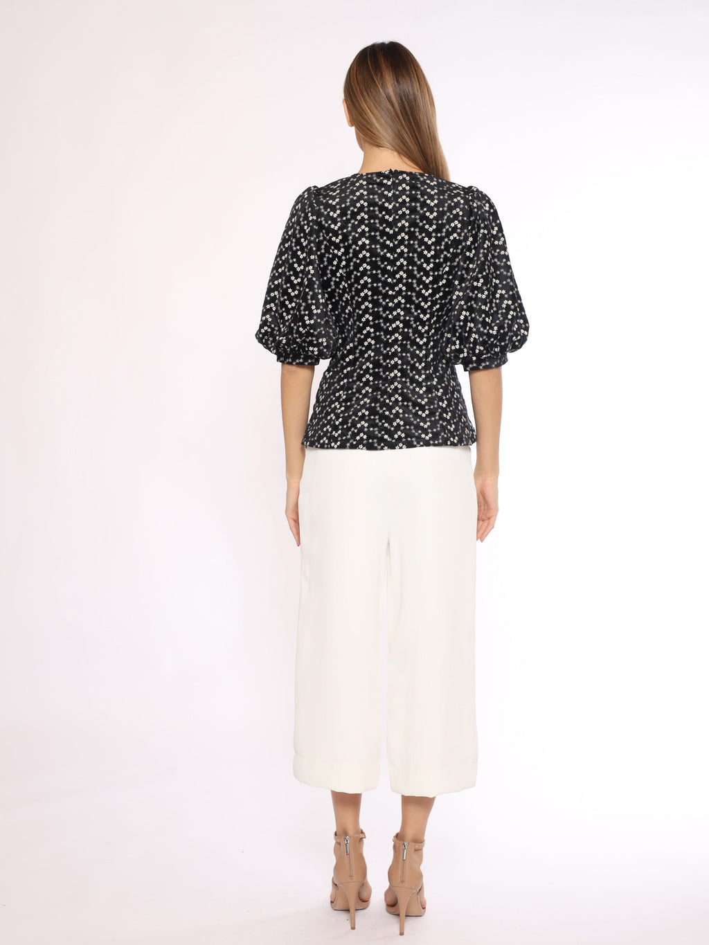 Flower Embroidered Puff Sleeve Peplum Style Blouse