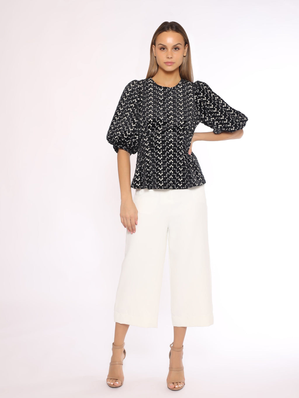 Flower Embroidered Puff Sleeve Peplum Style Blouse