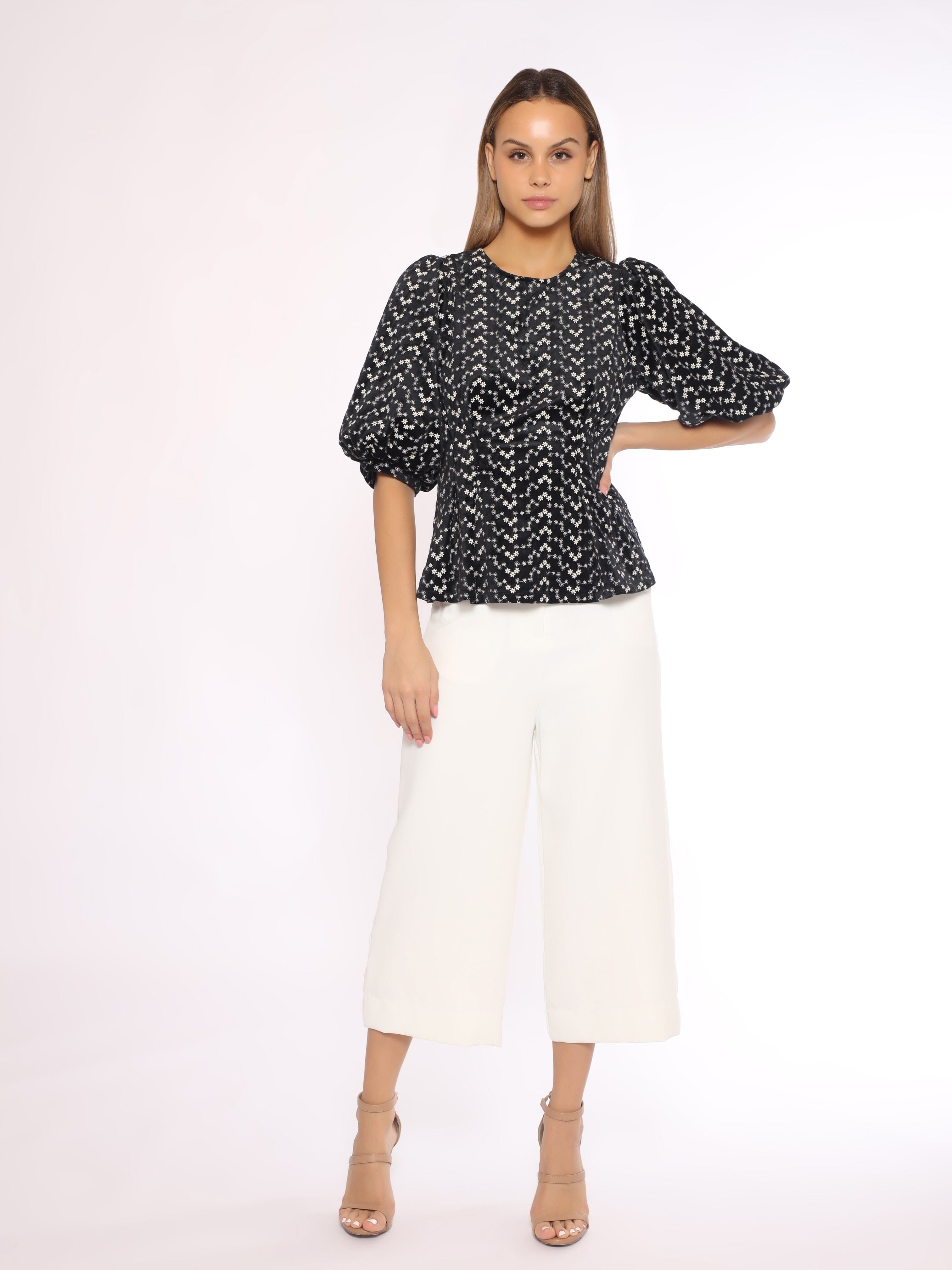 Flower Embroidered Puff Sleeve Peplum Style Blouse