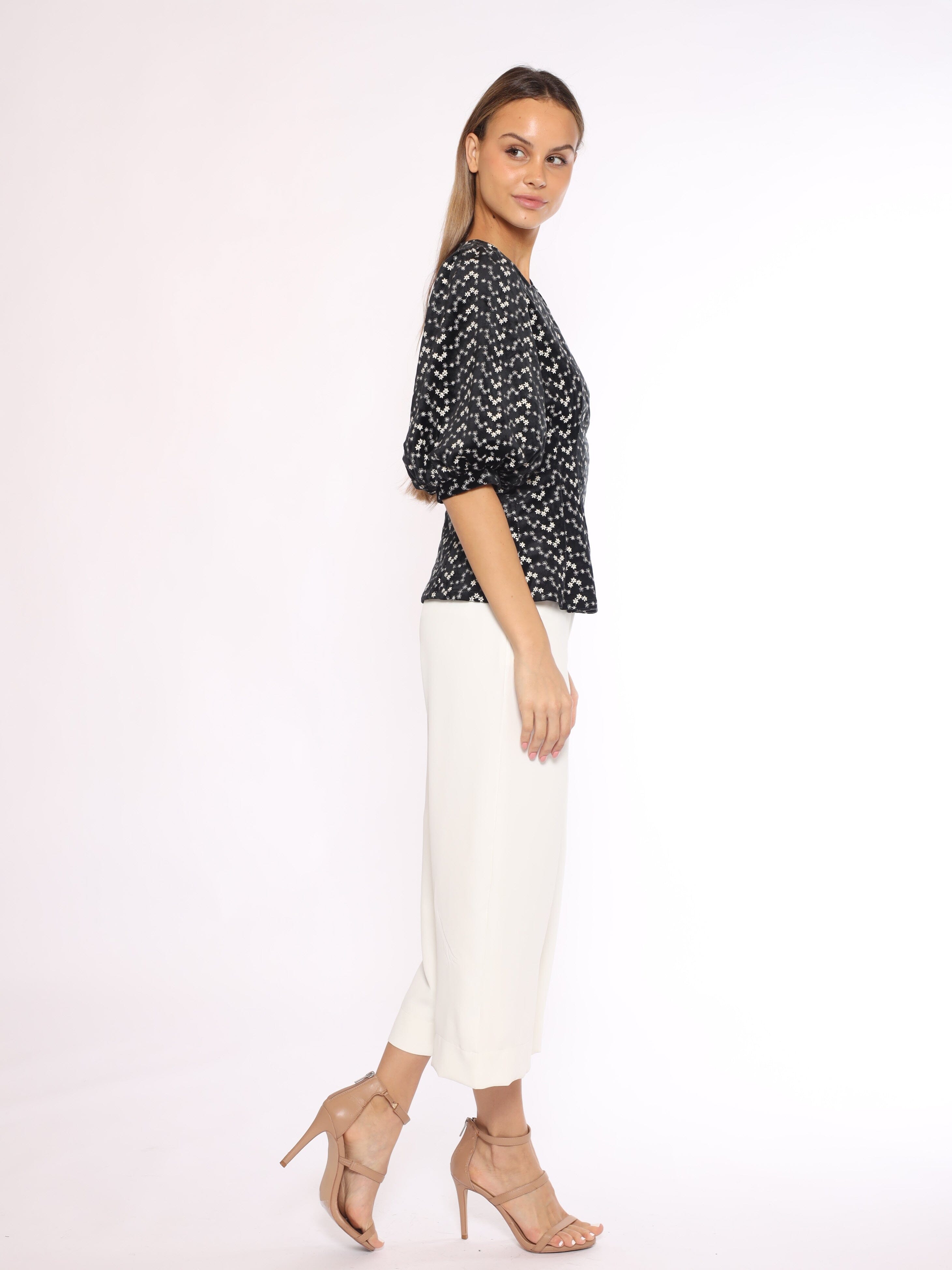 Flower Embroidered Puff Sleeve Peplum Style Blouse