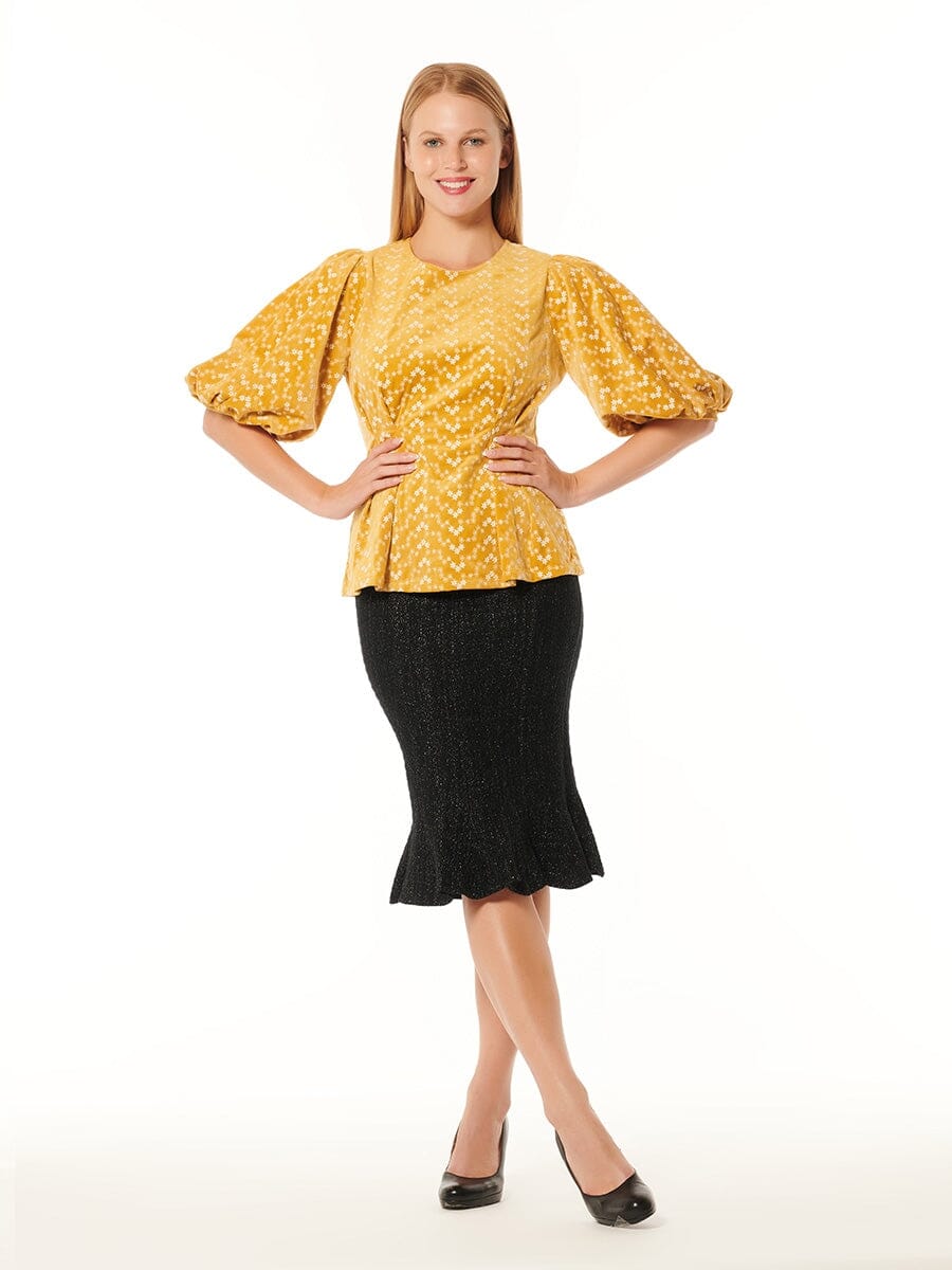 Flower Embroidered Puff Sleeve Peplum Style Blouse