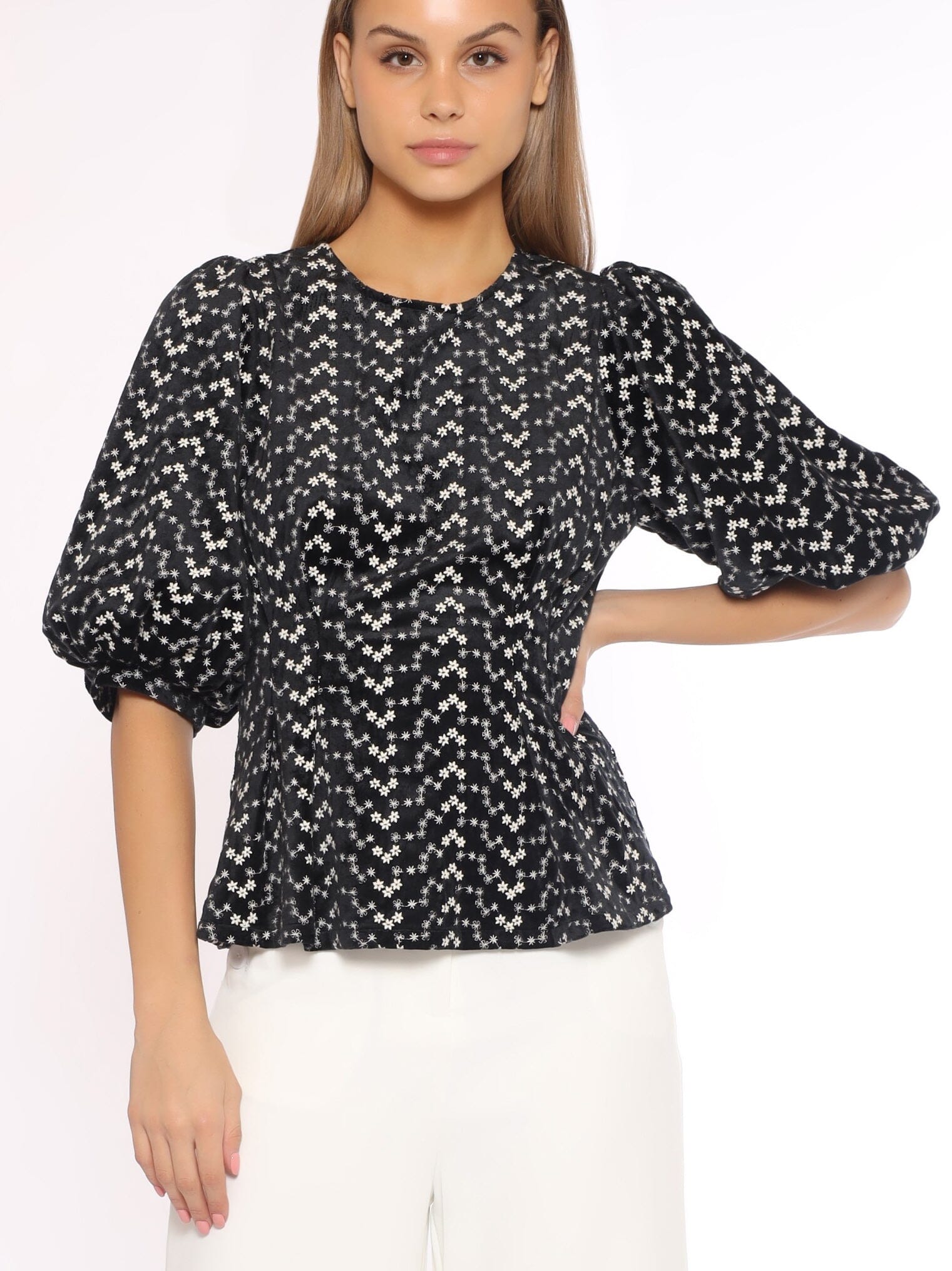 Flower Embroidered Puff Sleeve Peplum Style Blouse