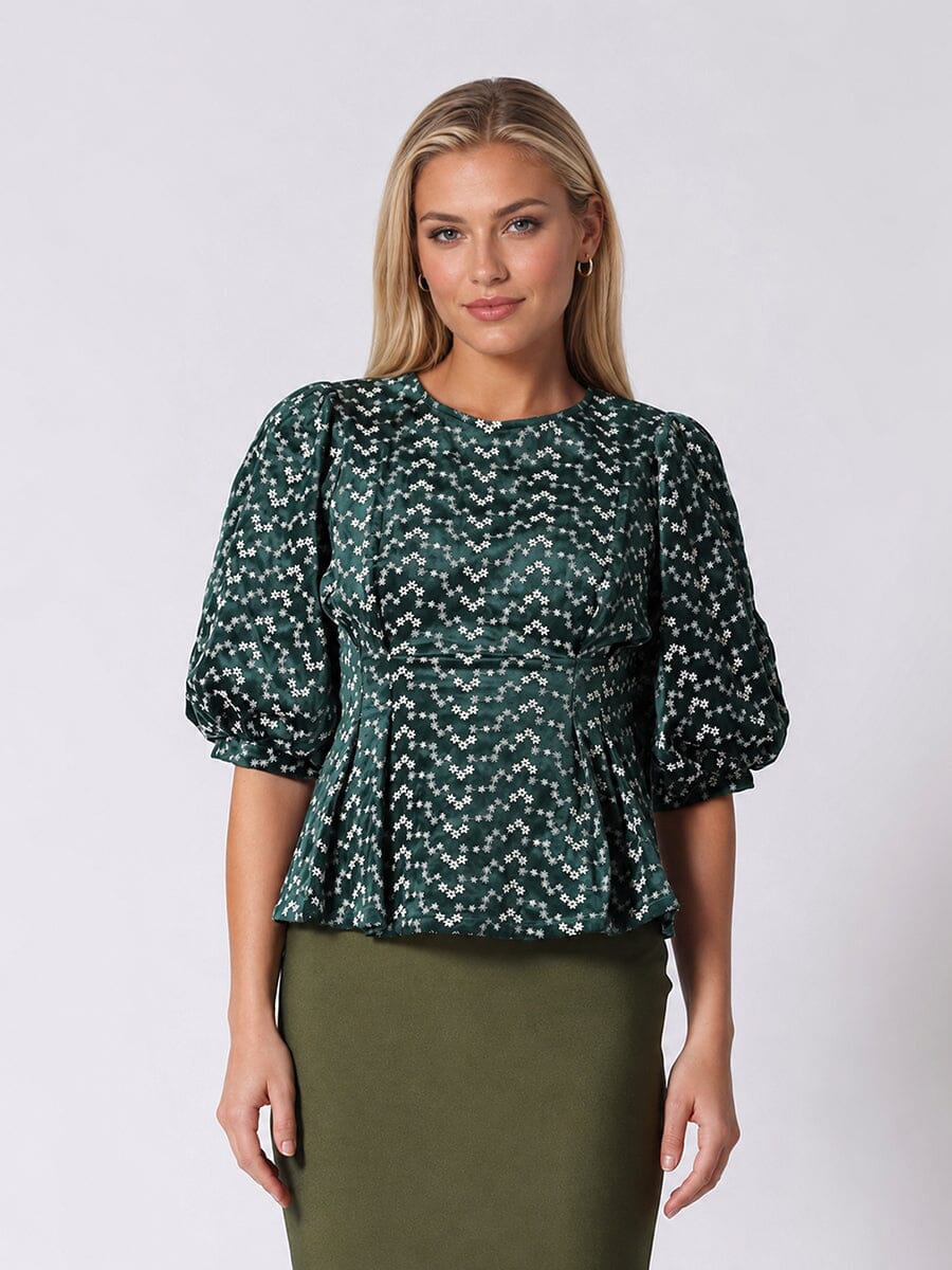 Flower Embroidered Puff Sleeve Peplum Style Blouse