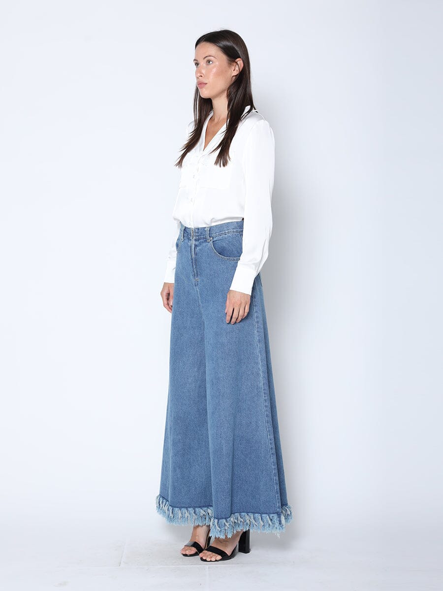 Frayed Raw Hem Wide Leg Slouchy Denim Pants