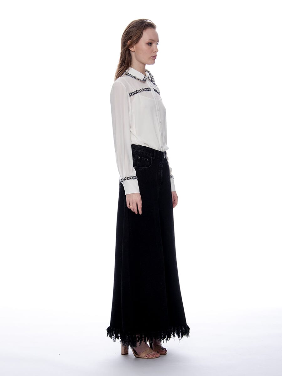 Frayed Raw Hem Wide Leg Slouchy Denim Pants